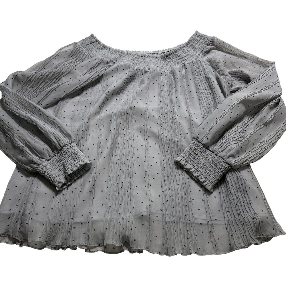 Mystree Blouse Womens Medium‎ Grey Polka Dot Smocked Off Shoulder Crinkle Top